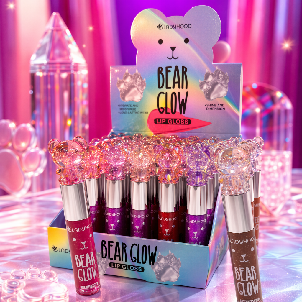 Colorful bear-shaped LIP GLOSS display stand BEAR GLOW LIP GLOSS Rainbow gradient Bear box Pink Brown Double Display Specification image