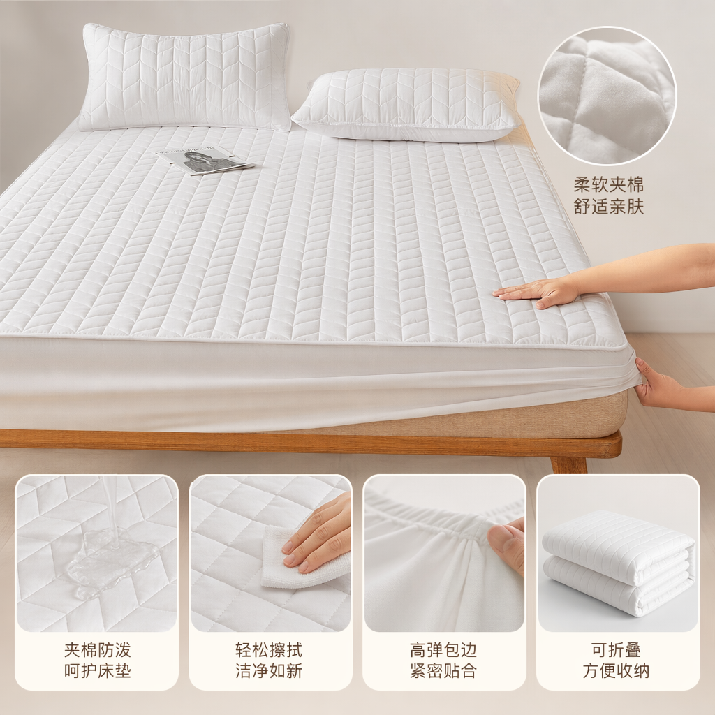 The white quilted mattress protective pad is breathable, anti-slip, thickened, and dustproof and waterproof in a bed cap style