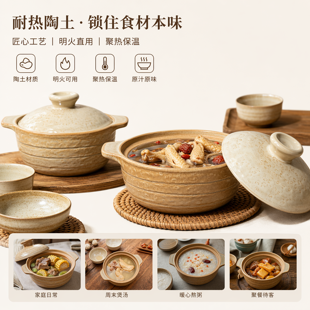 Beige ceramic cookware set: A multi-functional earthenware pot for frying, stir-frying, stewing and boiling at home