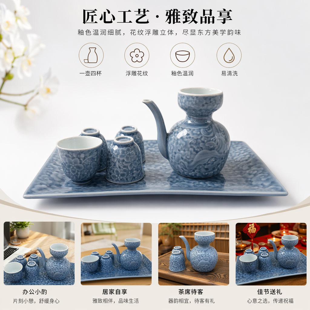 青瓷酒具套装 釉面温润 手工烧制 酒壶酒杯礼盒装