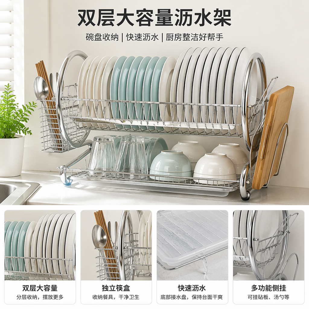 银色金属双层沥水架厨房台面不锈钢可调节收纳架