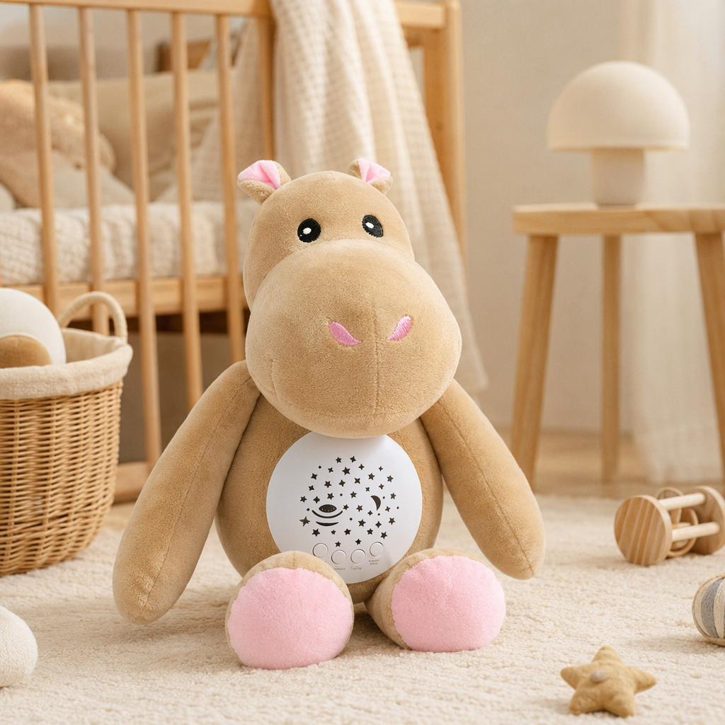 Brown hippopotamus plush doll, cute throw pillow, home decoration, children's gift. It can glow and project. Baby companion and soothing doll details Picture