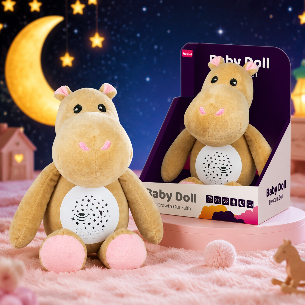 Brown hippopotamus plush doll, cute throw pillow, home decoration, children's gift. It can glow and project. Baby companion and soothing doll Specification image