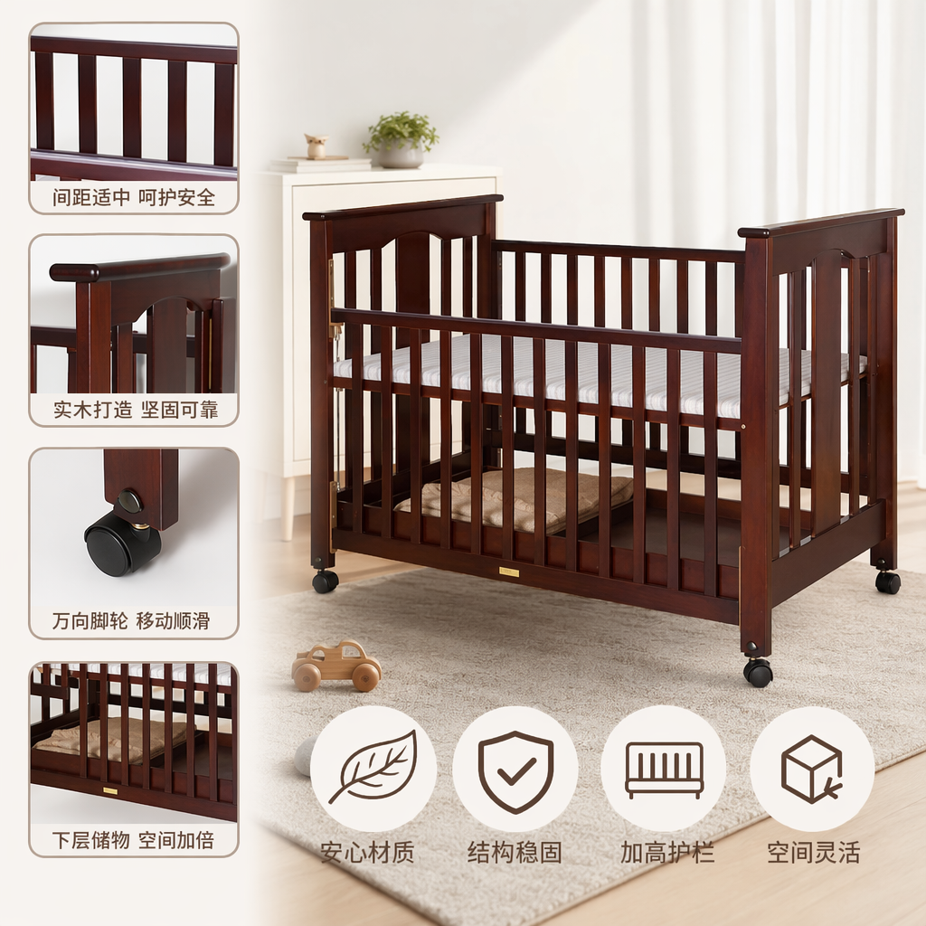 Baby bed, mother and baby products, foldable portable crib, safe and stable with guardrail Item Picture