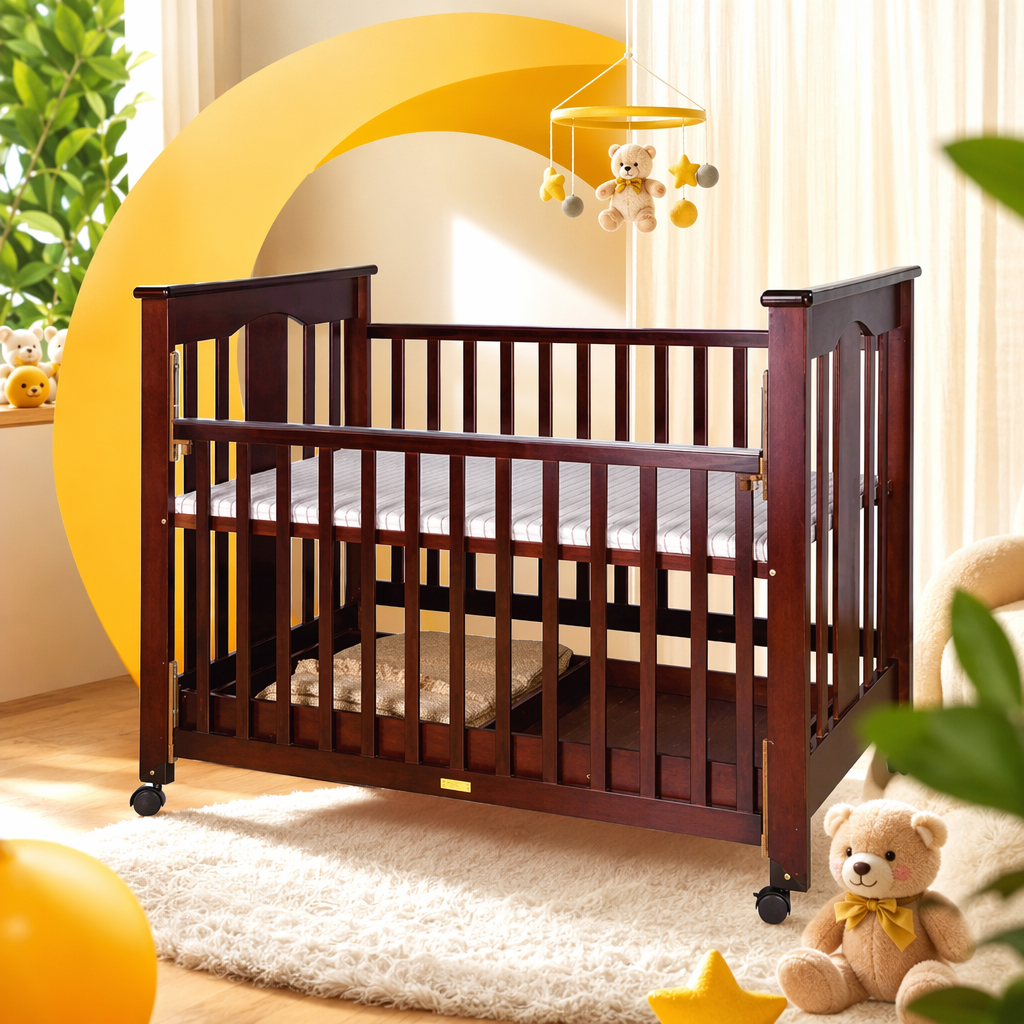 Baby bed, mother and baby products, foldable portable crib, safe and stable with guardrail details Picture
