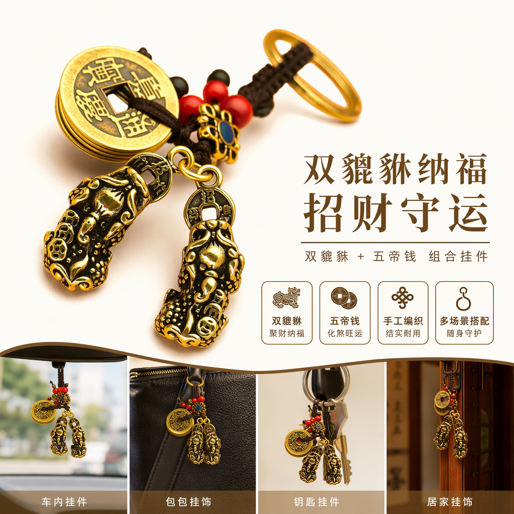 黄铜双貔貅挂件配古钱币红黑珠串编织绳