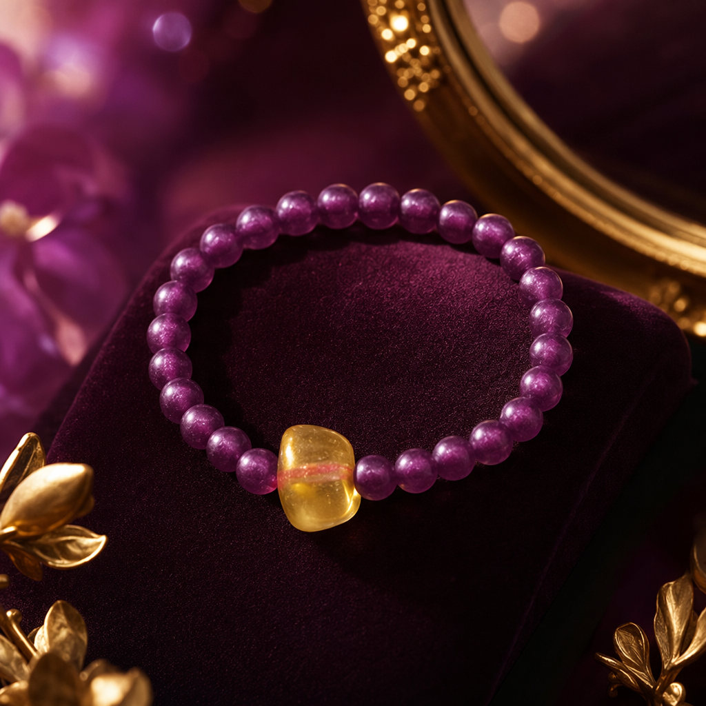 The purple-red beaded bracelet is decorated with yellow irregular gemstones in the center Specification image