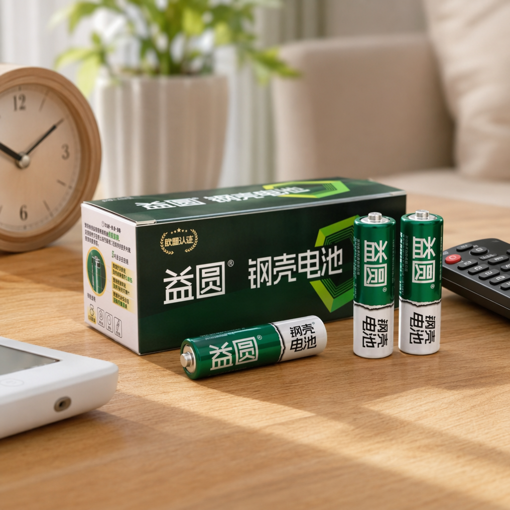 Physical display of two AA batteries in a green packaging box with a steel shell from Yiyuan details Picture