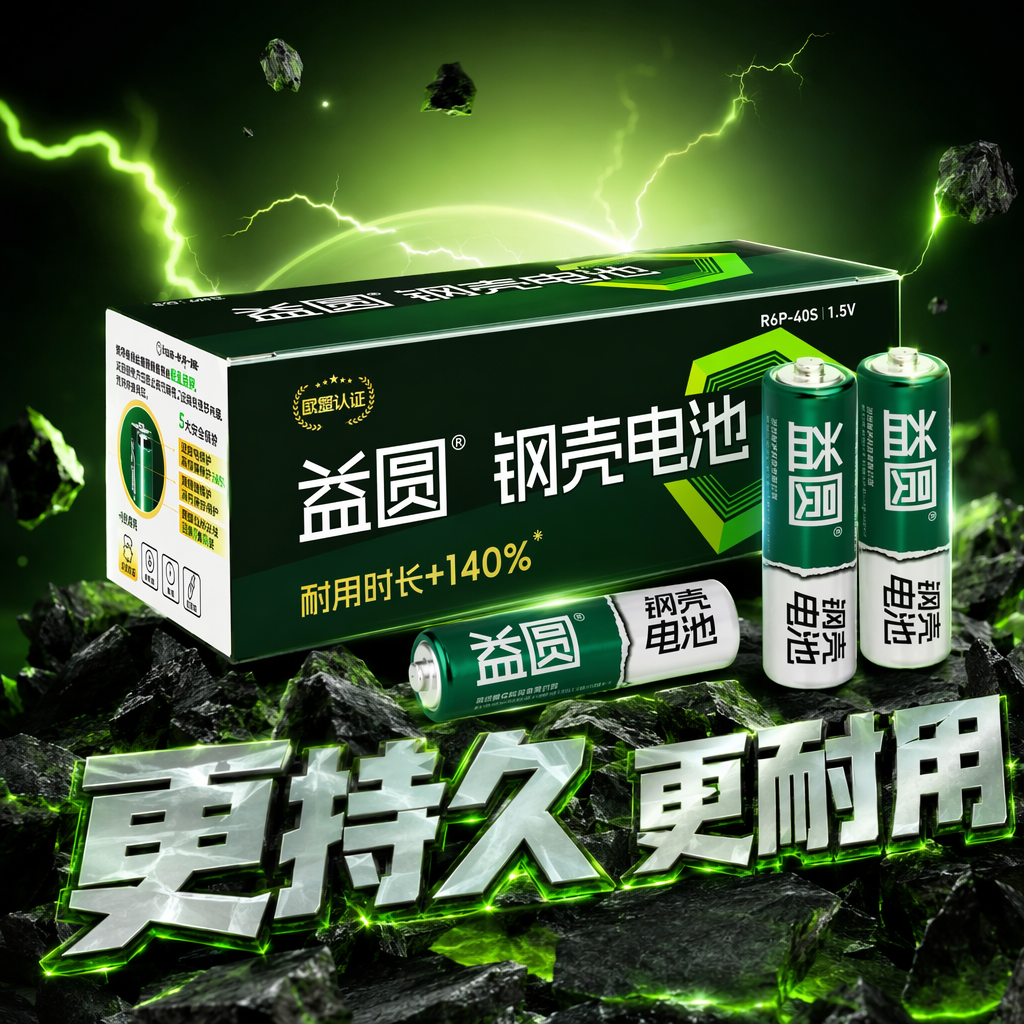 Physical display of two AA batteries in a green packaging box with a steel shell from Yiyuan Specification image