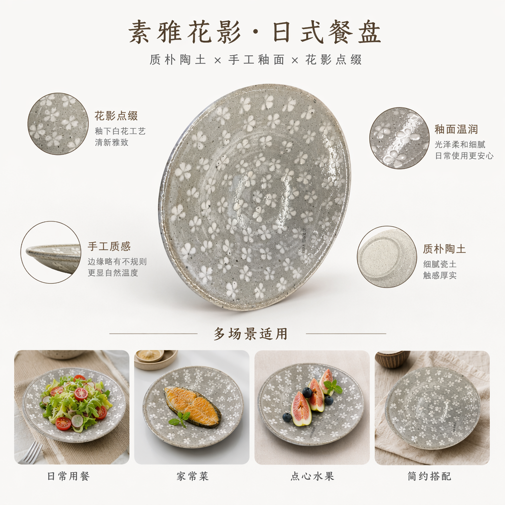 灰白底色白色小花陶瓷碗 家用简约餐碗 餐桌餐具