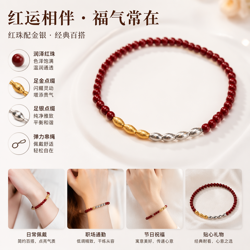 红色珠串手链圆润玻璃珠 adjustable可调节日常搭配饰品