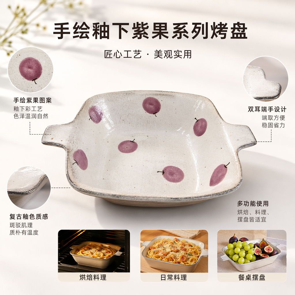 白色带紫葡萄图案陶瓷小碟 家居摆盘餐具茶点盛放