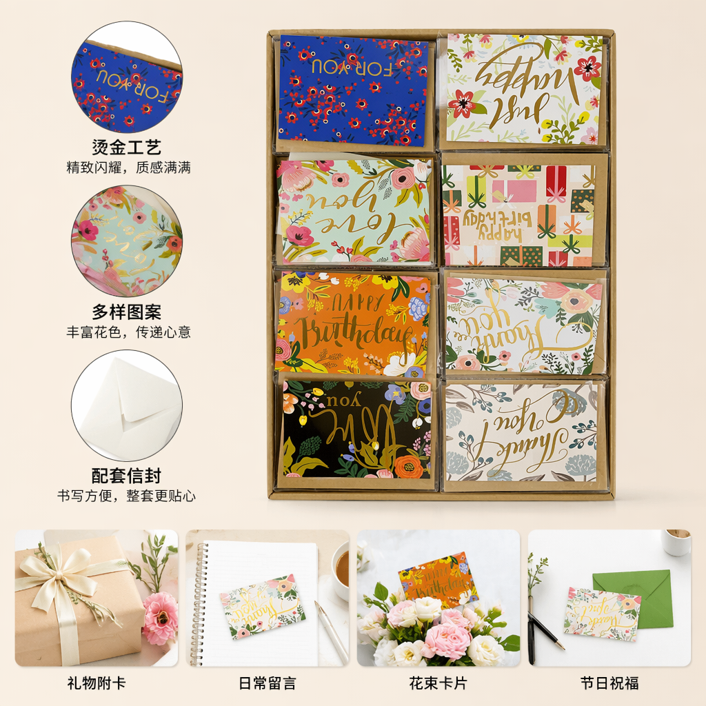 彩色花卉图案贺卡套装 手绘风节日生日祝福卡片礼盒