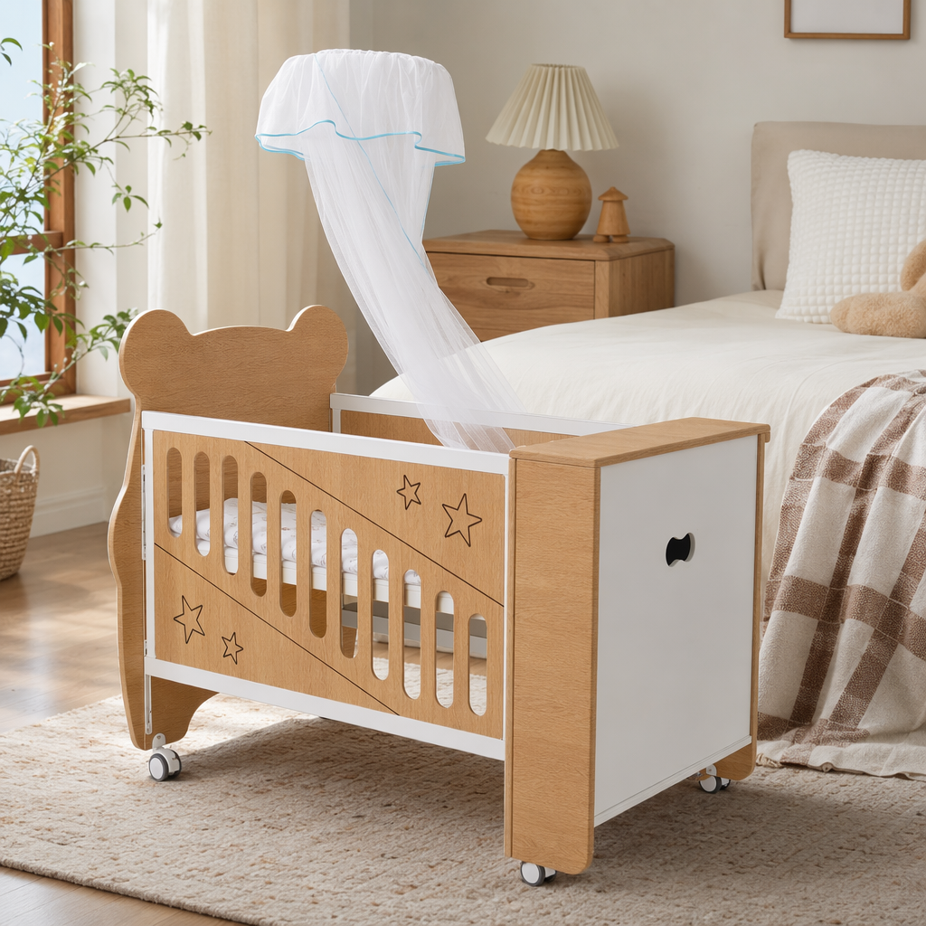 Solid wood baby cribs, children's furniture, home decoration building materials, environmentally friendly, safe, adjustable guardrails Item Picture