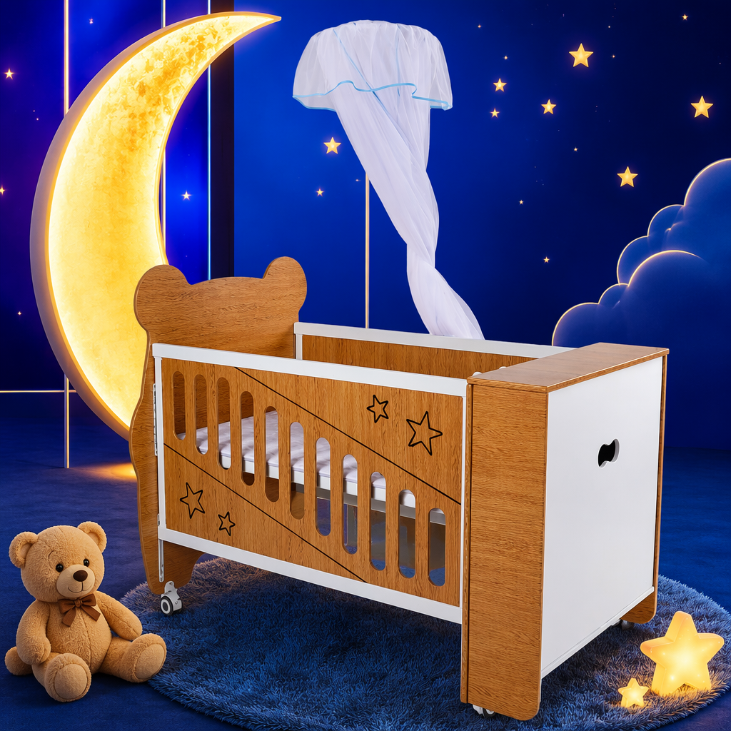 Solid wood baby cribs, children's furniture, home decoration building materials, environmentally friendly, safe, adjustable guardrails details Picture