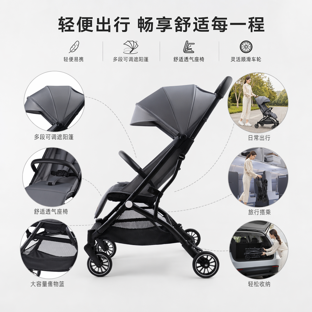 Baby strollers, lightweight folding children's strollers made of aluminum alloy with five-point safety belts Item Picture