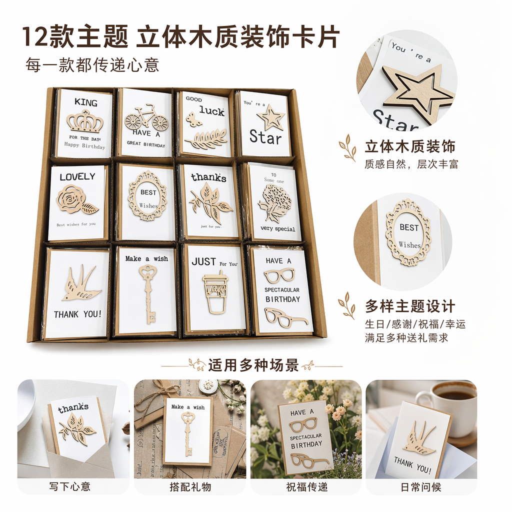 木质雕刻祝福卡片创意手作贺卡礼盒装
