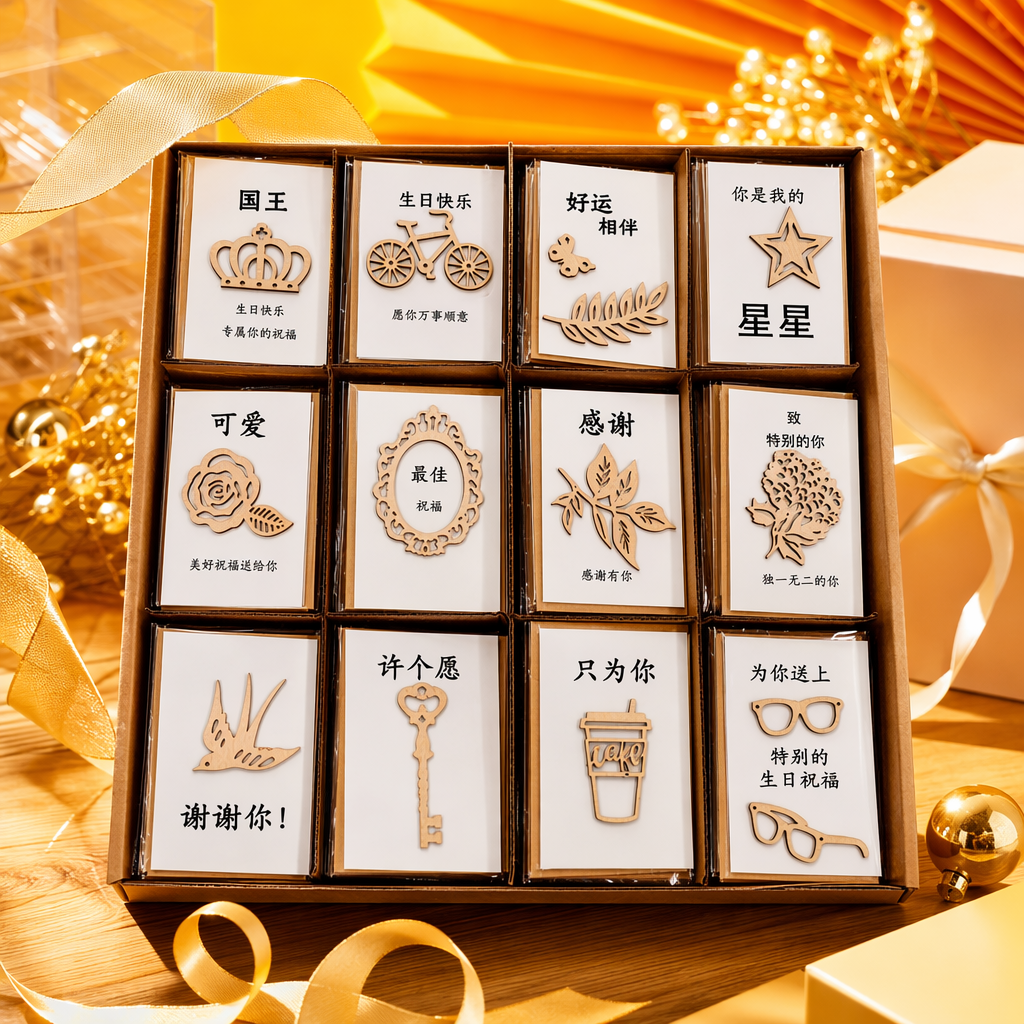 木质雕刻祝福卡片创意手作贺卡礼盒装细节图