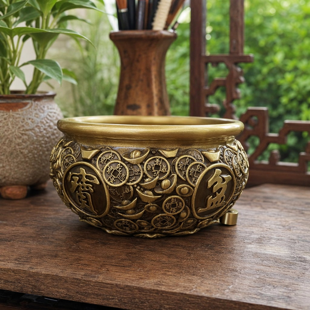 A golden treasure-patterned incense burner, made of copper for home use in the living room and bedroom to burn incense and worship Buddha details Picture