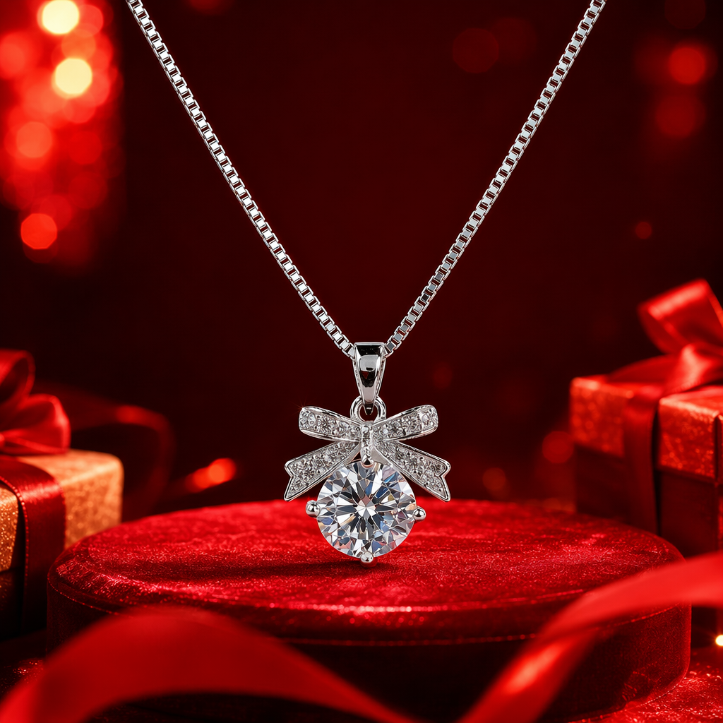 A silver alloy bow rhinestone pendant necklace hangs with round-cut crystals Specification image