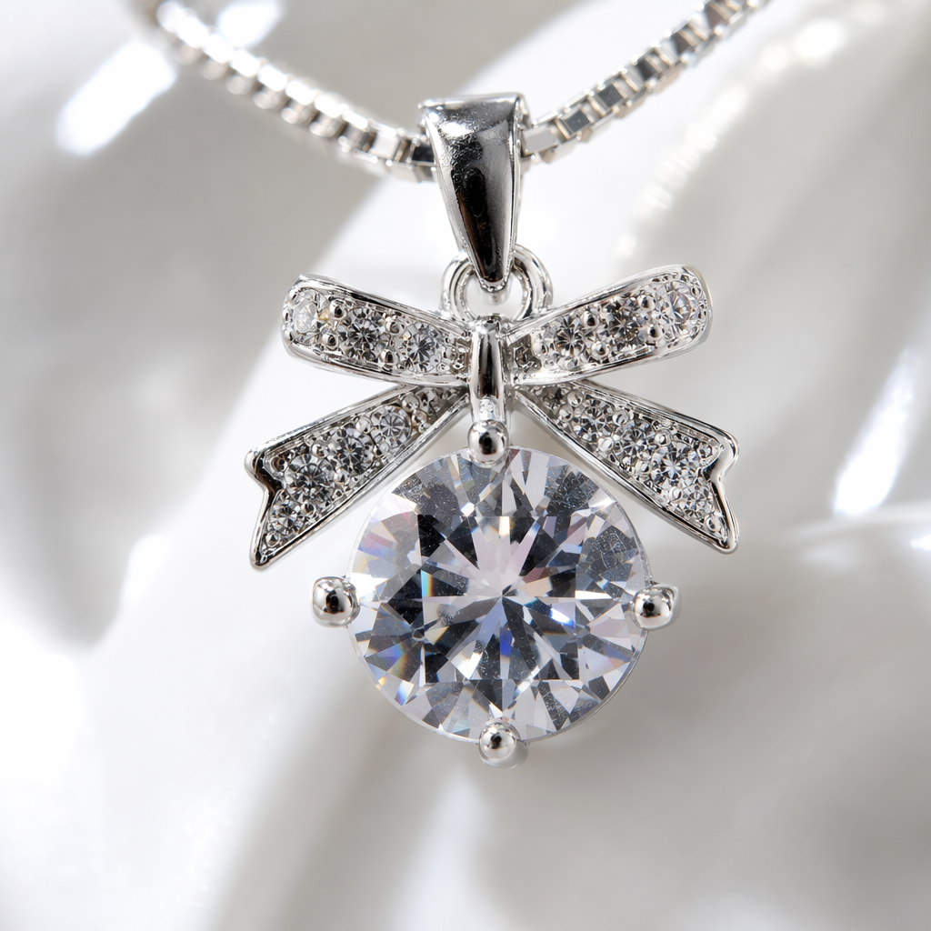 A silver alloy bow rhinestone pendant necklace hangs with round-cut crystals Application Scenario