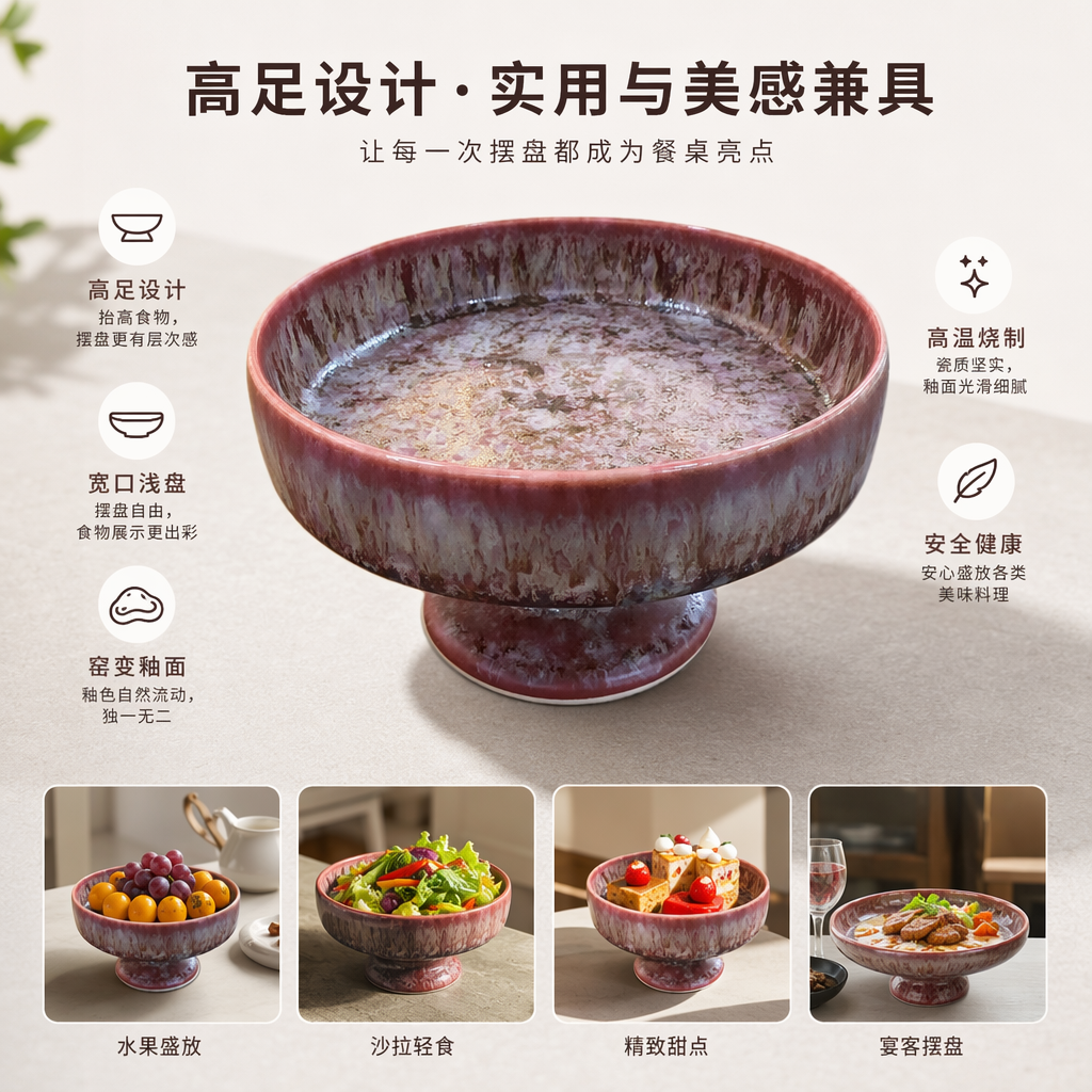 红色釉面高足碗陶瓷餐具家用盛汤碗茶具摆件