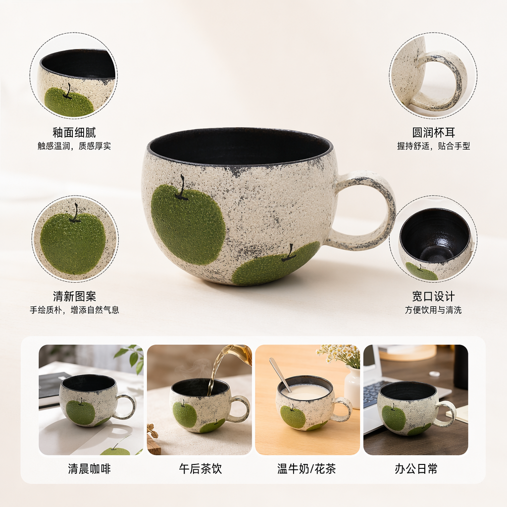 绿色苹果图案陶瓷杯 家用简约水杯 茶杯咖啡杯