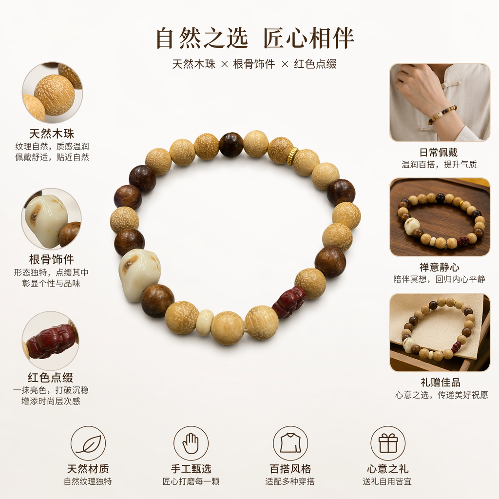 木质珠串手链天然原木圆珠编织简约百搭女士配饰