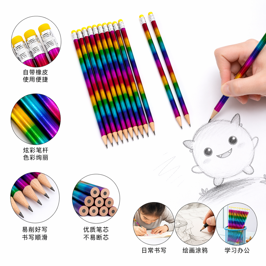 彩虹条纹铅笔儿童彩色绘画书写文具套装