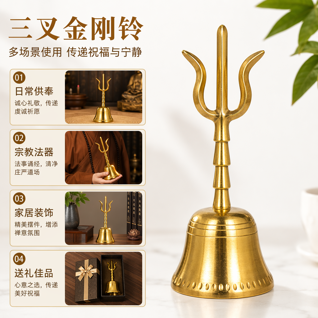 金色三叉戟铃铛创意风铃家居装饰摆件金属质感
