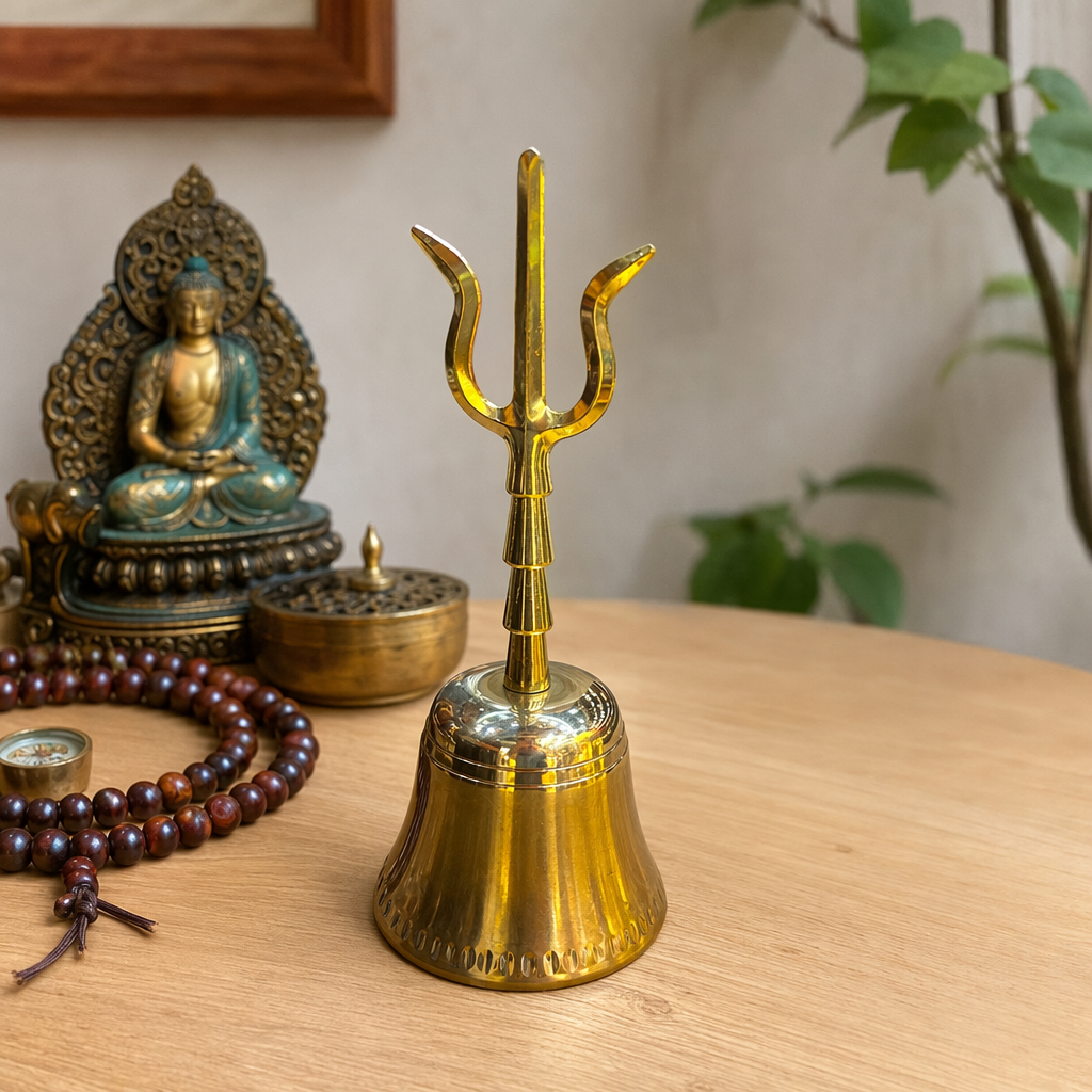 Golden trident bell creative wind chime home decoration ornament with a metallic texture details Picture