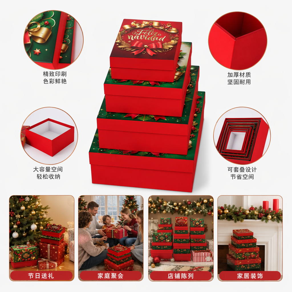 红色圣诞礼盒堆叠装 饰金色蝴蝶结松枝Feliz Navidad