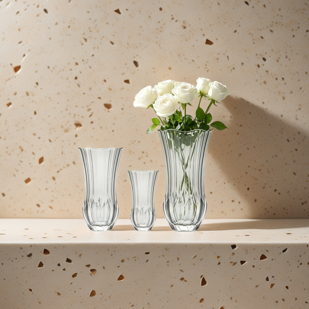 A transparent glass vase with a white rose bouquet for home decoration
