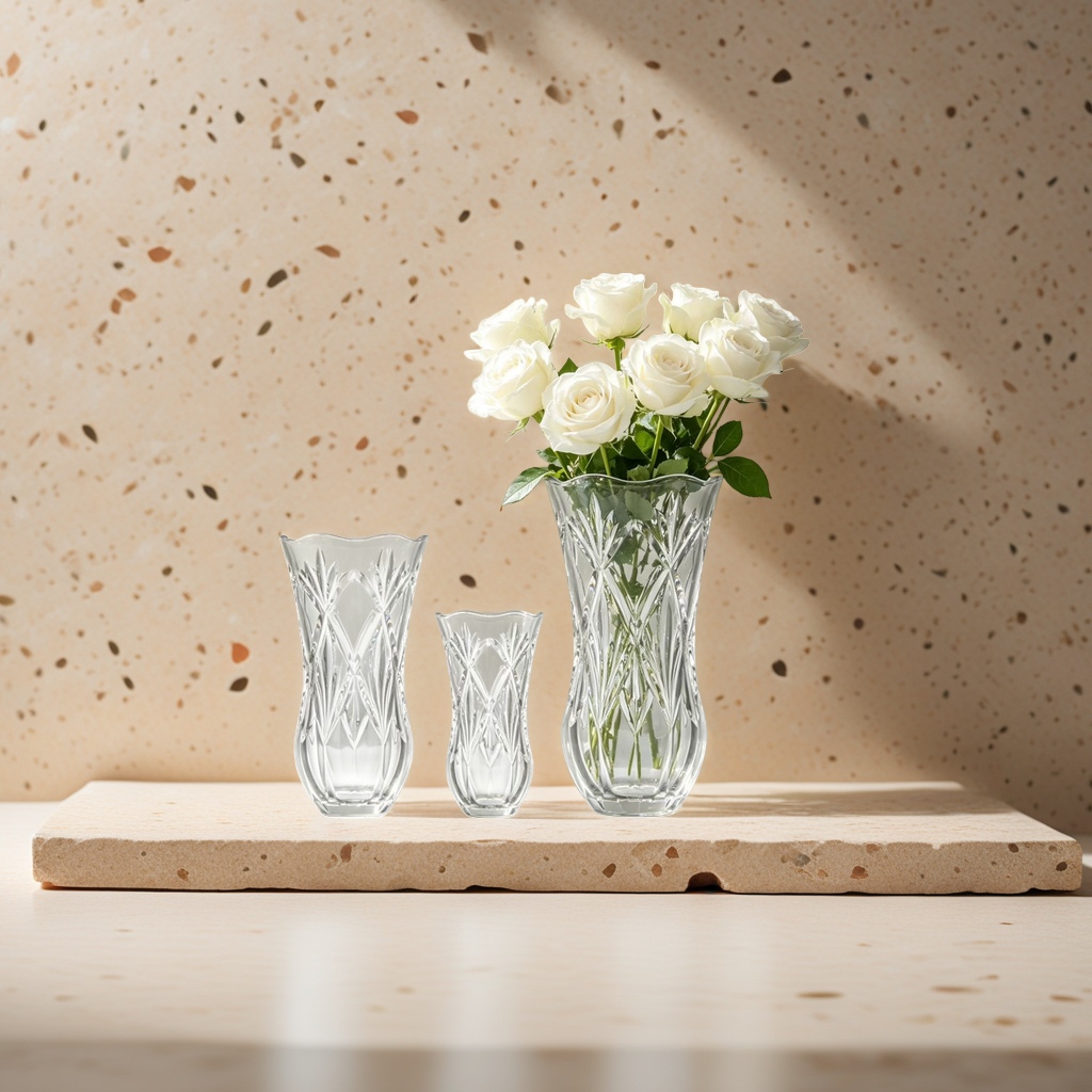 A transparent crystal vase with a white rose bouquet for home decoration Application Scenario