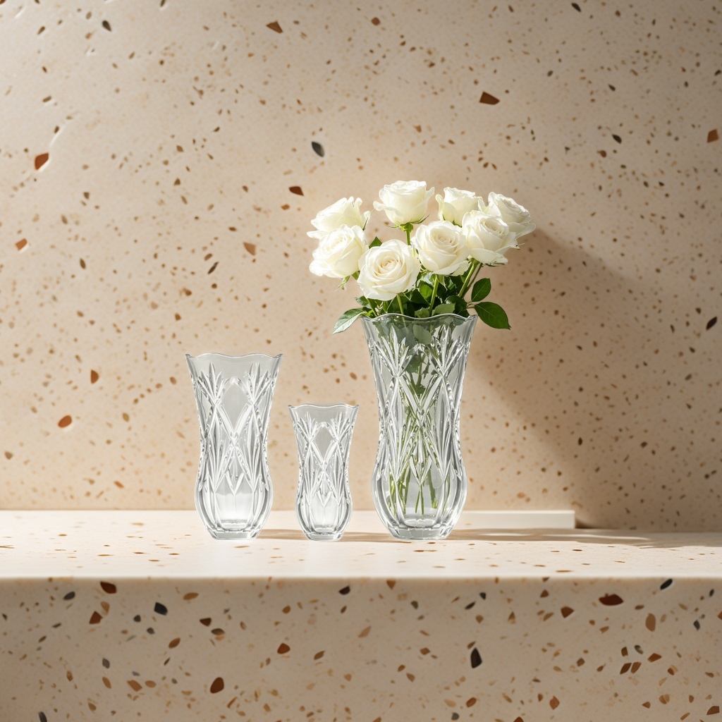 A transparent crystal vase with a white rose bouquet for home decoration