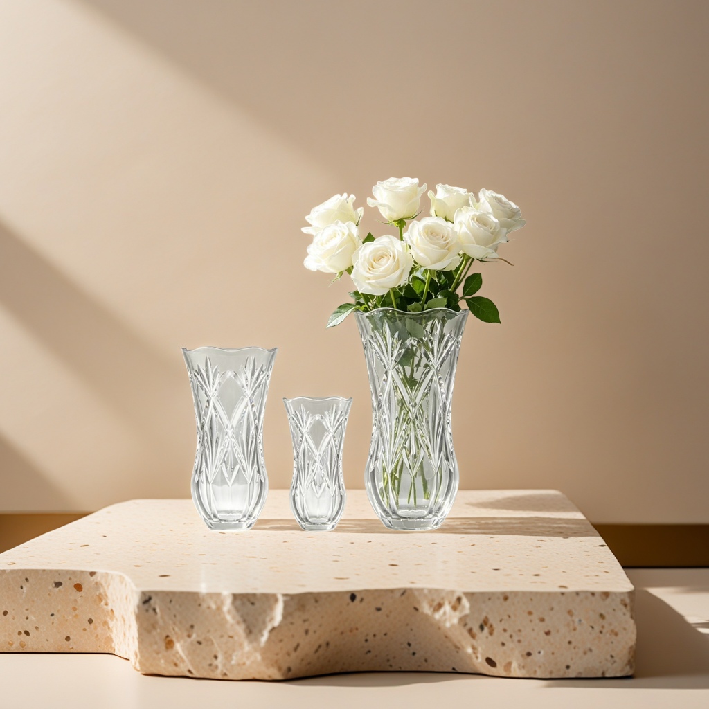 A transparent crystal vase with a white rose bouquet for home decoration details Picture