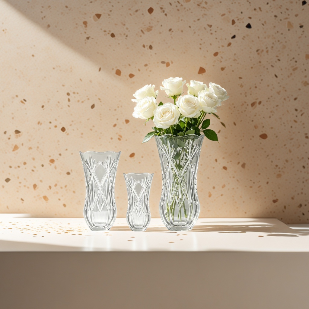 A transparent crystal vase with a white rose bouquet for home decoration Specification image