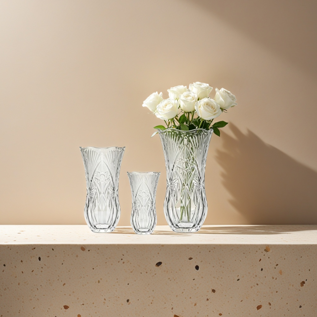 Transparent crystal vase with white rose home decoration item, living room and bedroom flower arrangement Application Scenario