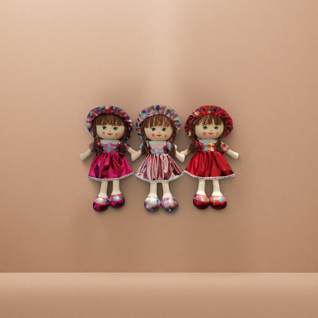 Three 14-inch cotton doll checkered hat shiny dress sets