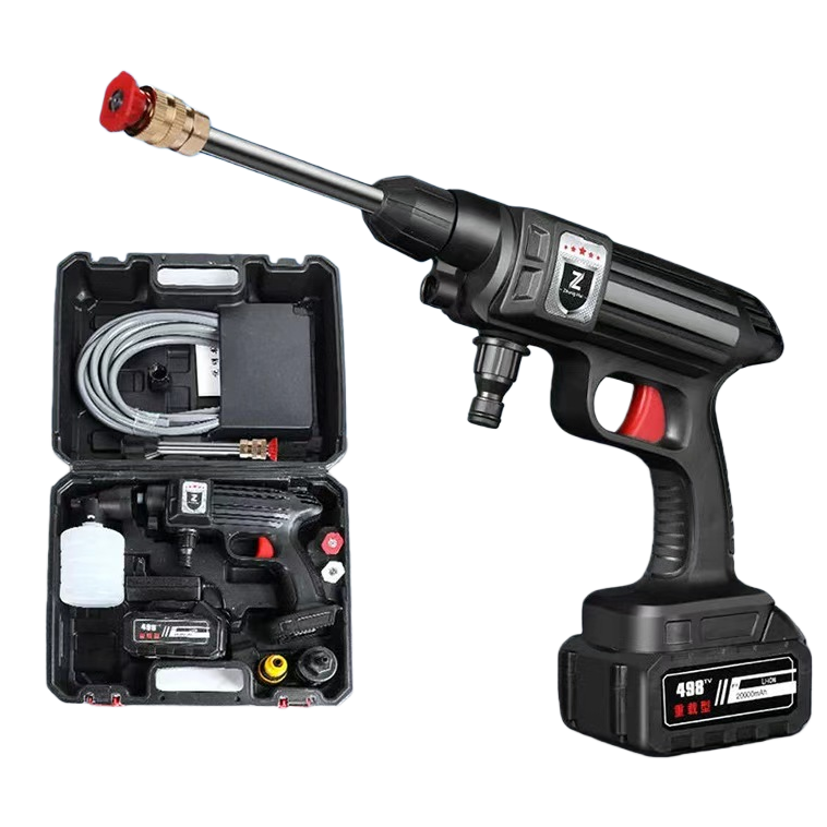 Lavadora de coches eléctrica de litio inalámbrica negra con boquilla roja base de batería kit de herramientas con manguera incluida boquilla tanque de agua blanco Item Picture