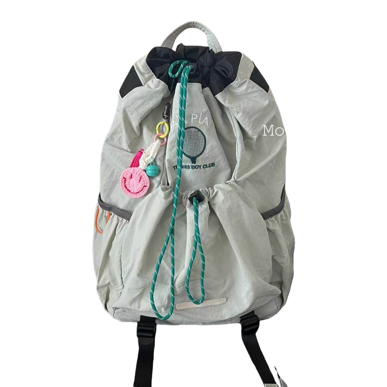 حقيبة حقيبة سحب رمادية فاتحة اللون ذات حبل أخضر اللون مزود بشريط أخضر مزود بشريط تنس Item Picture