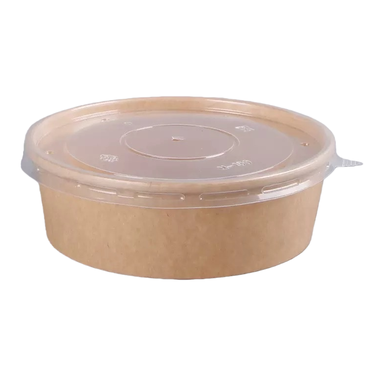 Brown kraft paper bowl with transparent PP lid, disposable eco-friendly tableware for home takeout packaging Item Picture