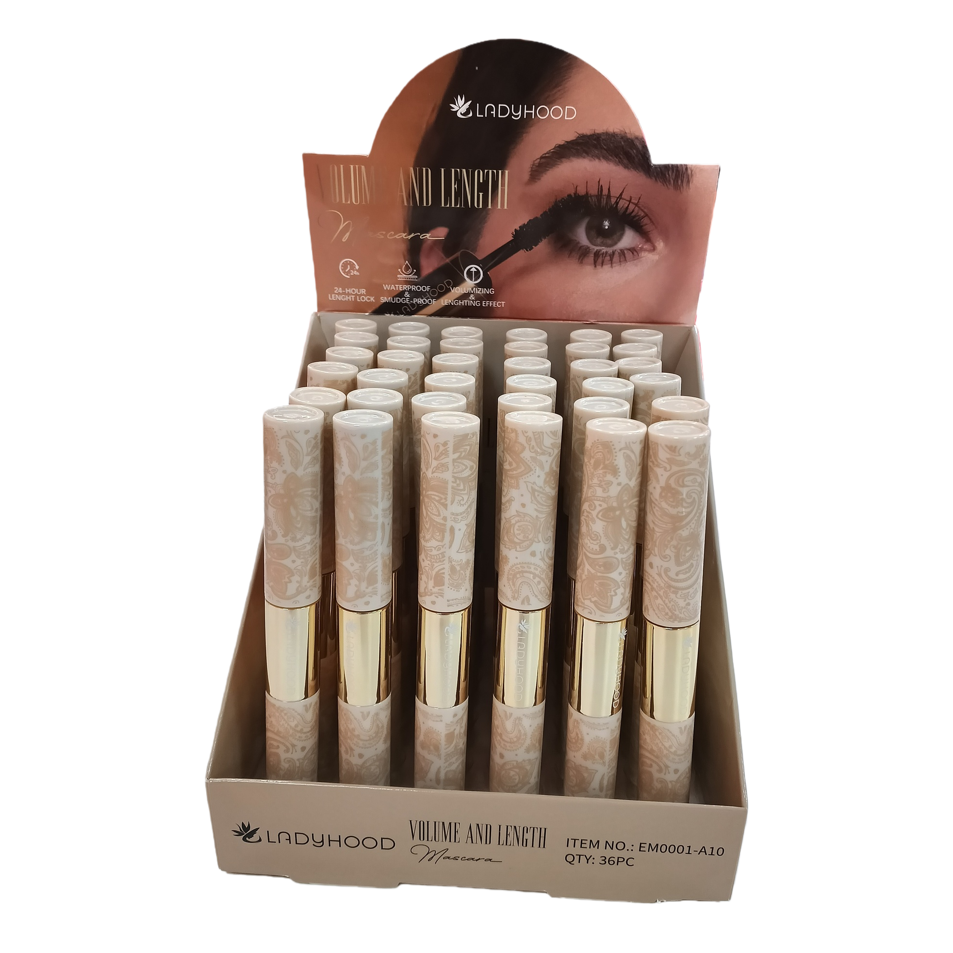 The beige patterned tube mascara is thick, slender, curly and well-shaped without smudging Item Picture