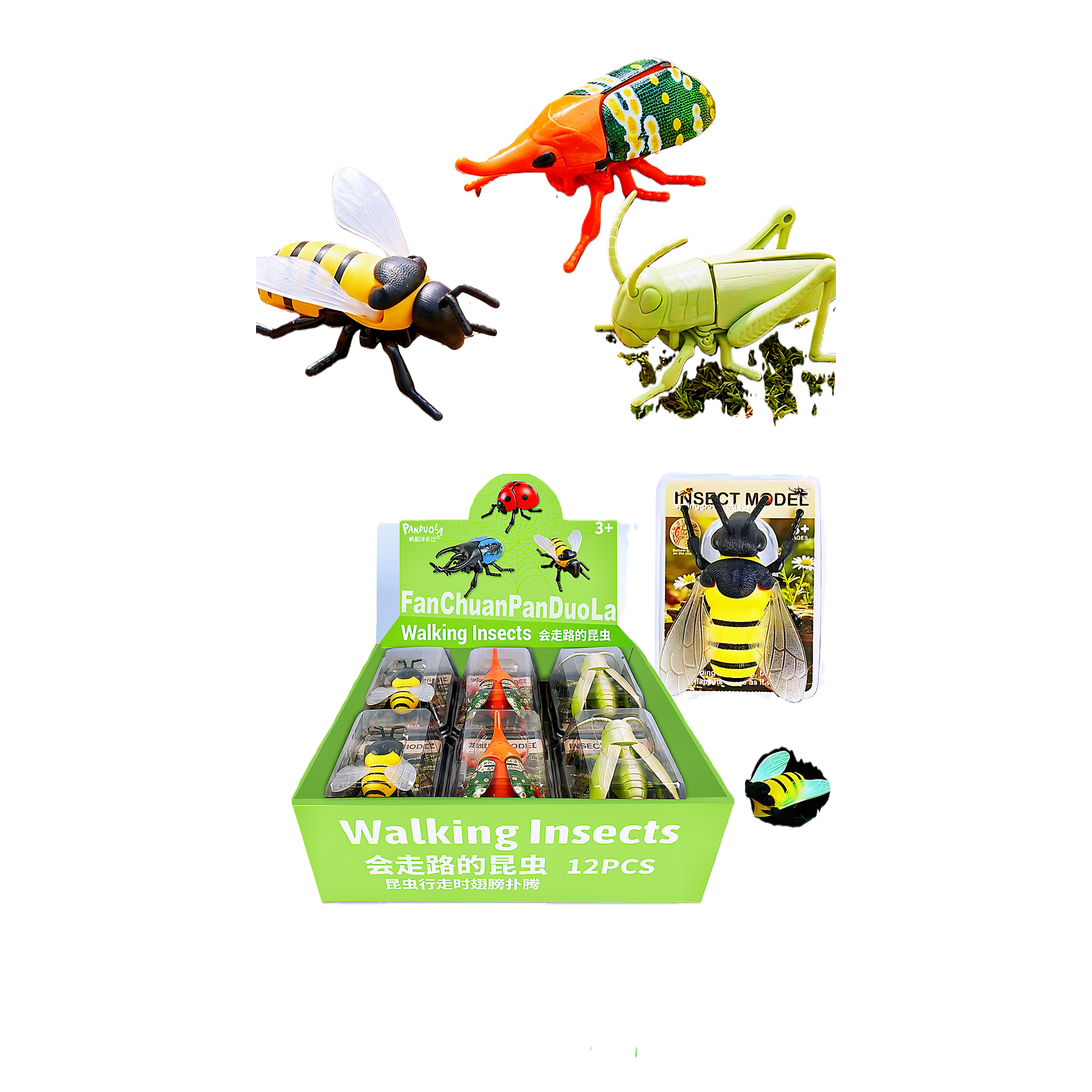 Color walking insect toy set 12 modelos movibles abejas conteniendo ojo de dragón pollo saltamontes madera musgo fondo Item Picture