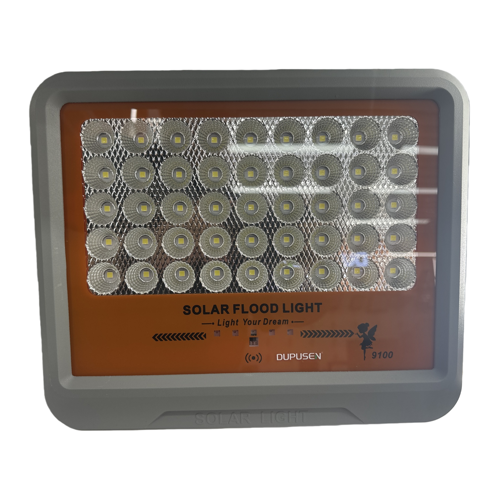 Grey frame and orange panel solar floodlight for outdoor lighting, waterproof and energy-saving Item Picture