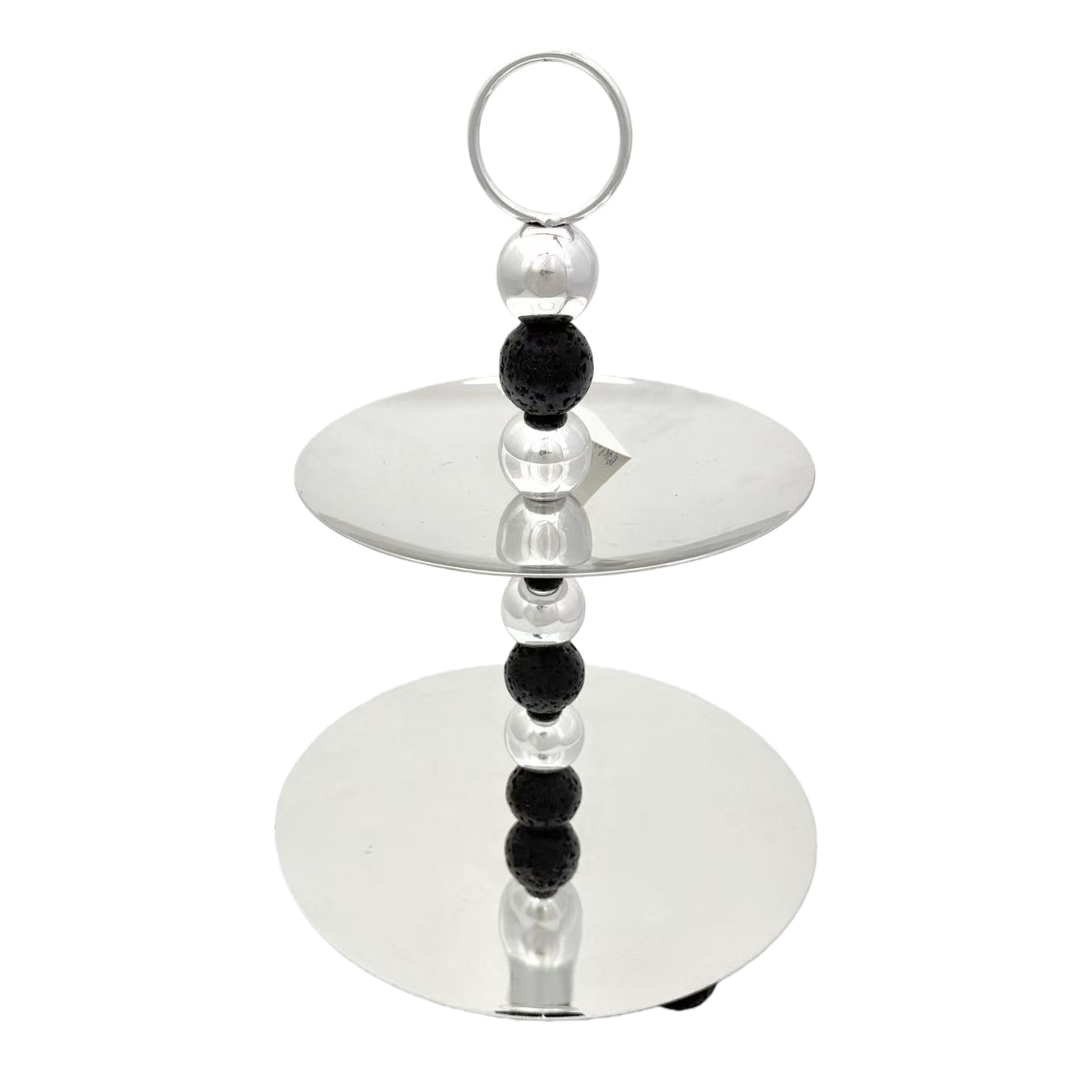 A silver double-layer tray with a circular handle made of black and white beads Item Picture