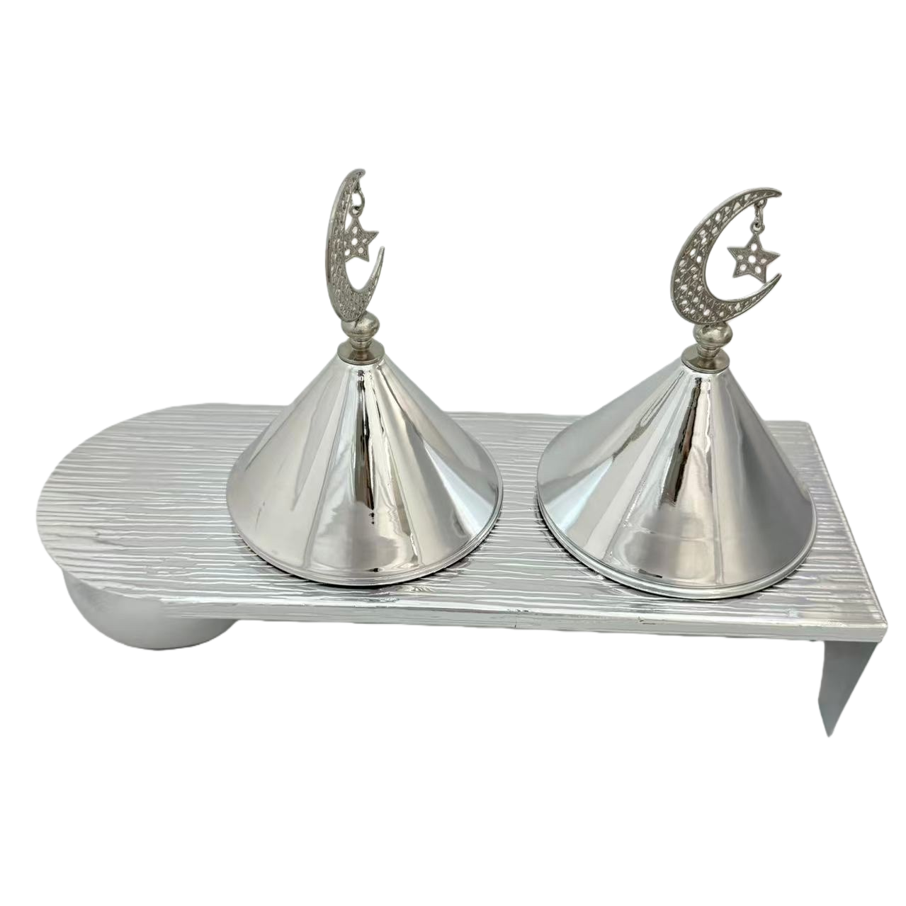 A silver metal double-conical incense burner ornament with a crescent star top decoration Item Picture