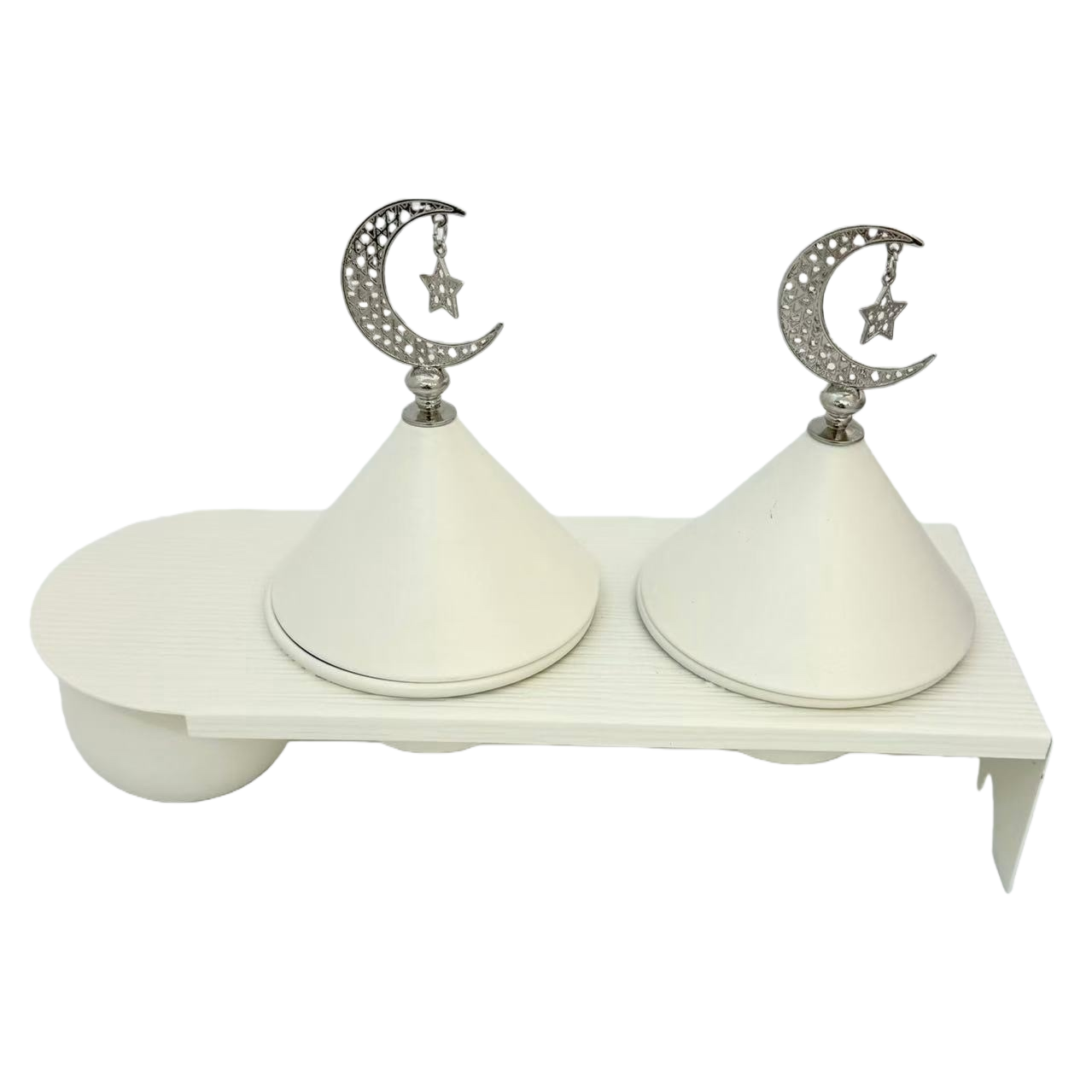 A white double-conical covered bowl ornament with a silver crescent-shaped star-shaped top decoration Item Picture