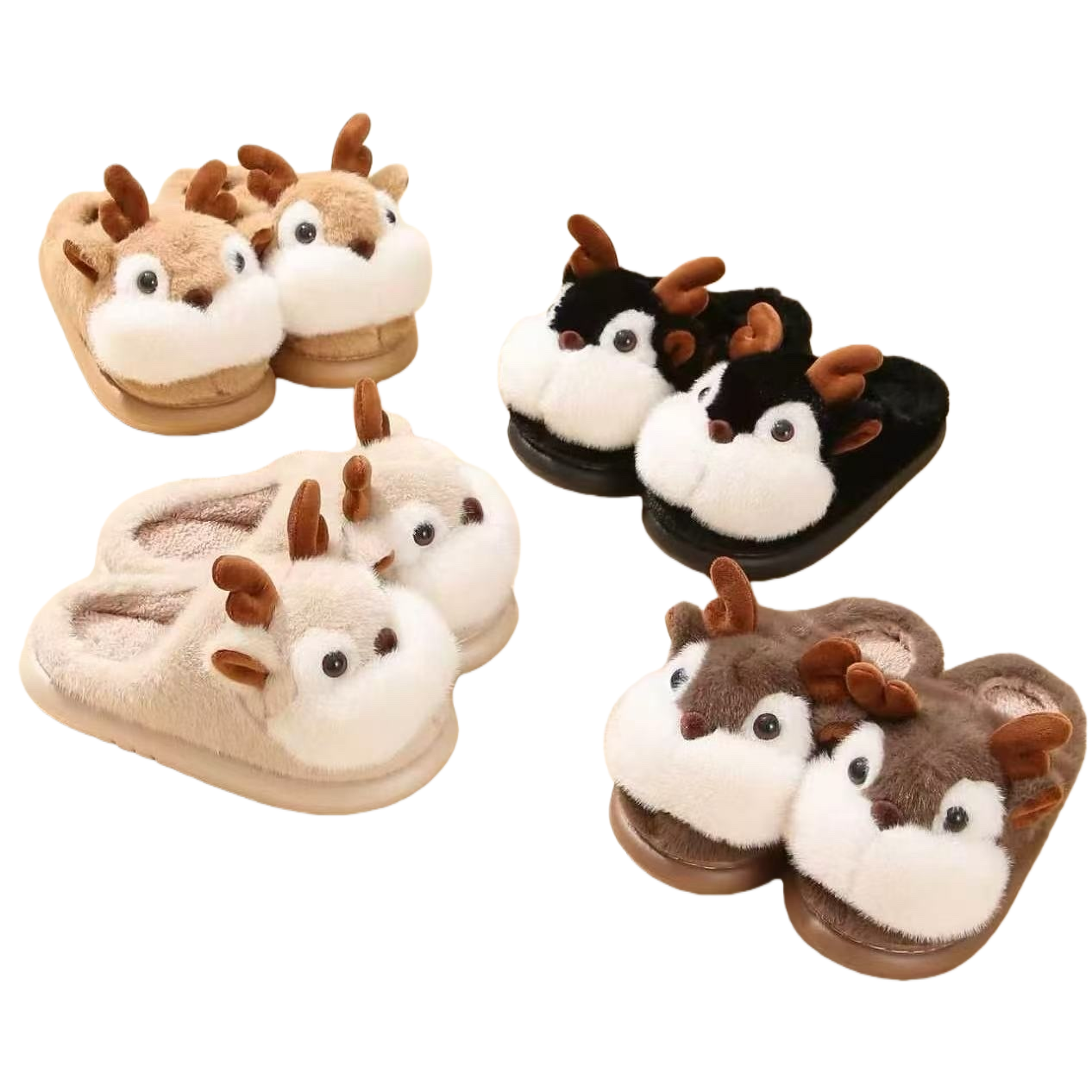 The plush deer head home slippers are cute and warm. The indoor cotton slippers are unisex Item Picture