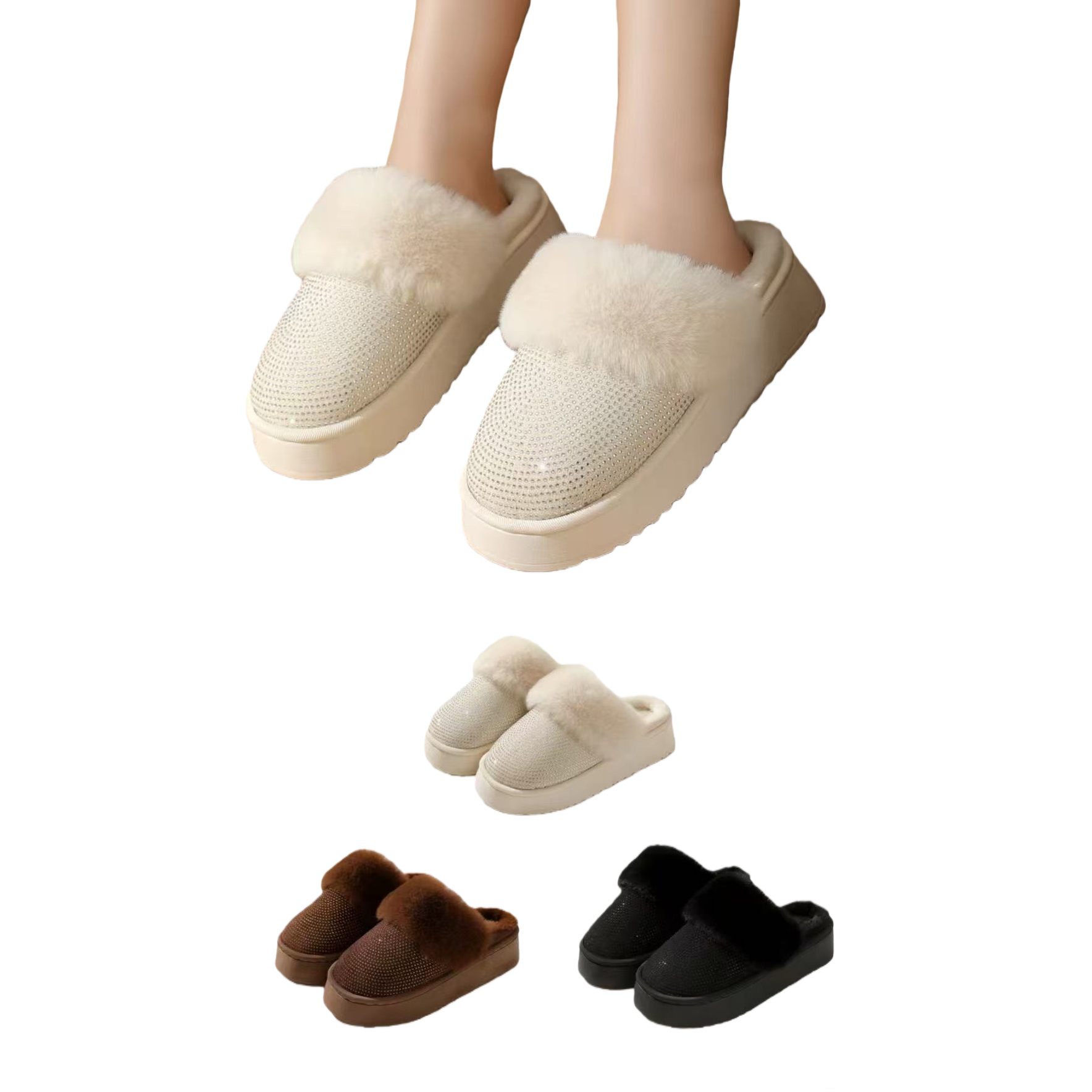 White plush diamond-encrusted thick-soled slippers for women, warm for autumn and winter, anti-slip soft soles for home use Item Picture